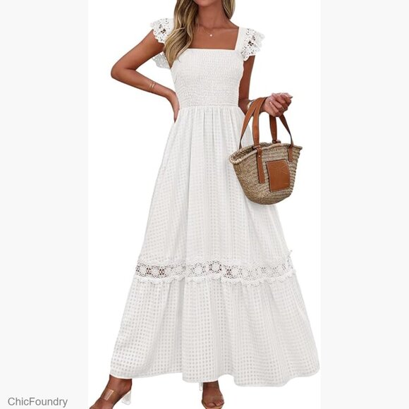 Dresses & Skirts - Smocked Maxi Dress with Ruffle Cap Sleeves, Lace Detail, and Pockets